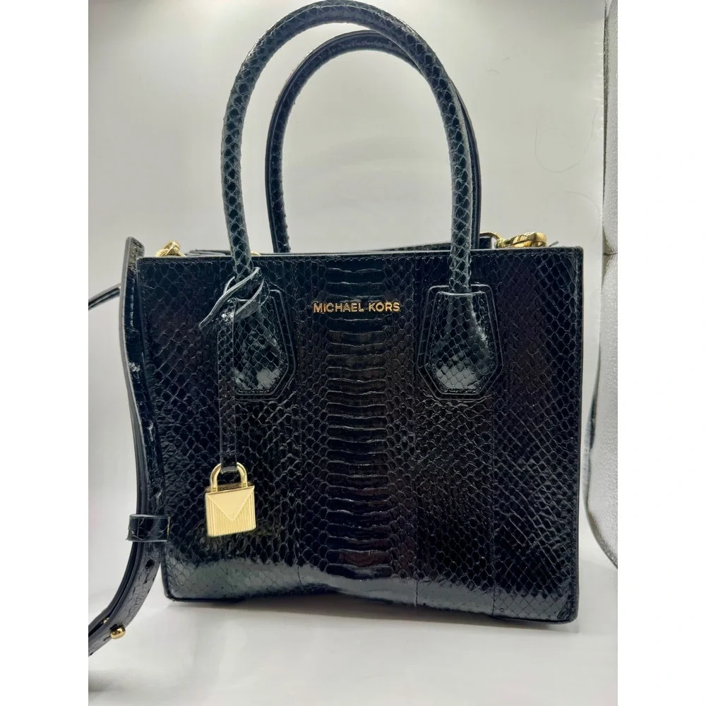 Michael Kors Mercer Messenger Bag Medium Black Snake Embossed Leather Gold Purse